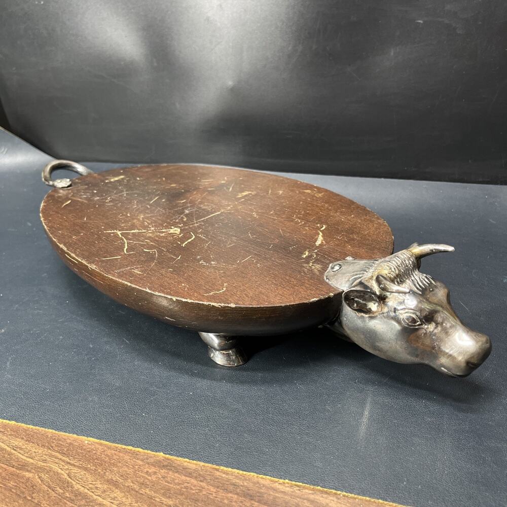 Vintage MCM Wood Bull Serving Platter Silver Plate Head Tail Feet Artisan Signed